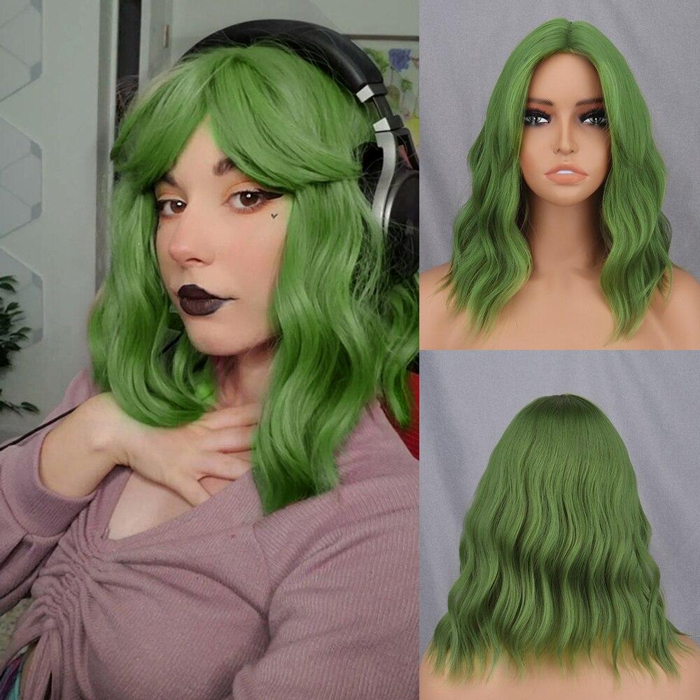 XINRAN Короткий волнистый парик из синтетического волокна зеленого цвета с натуральной челкой, натуральный волнистый парик до плеч из синтетического волокна, на каждый день